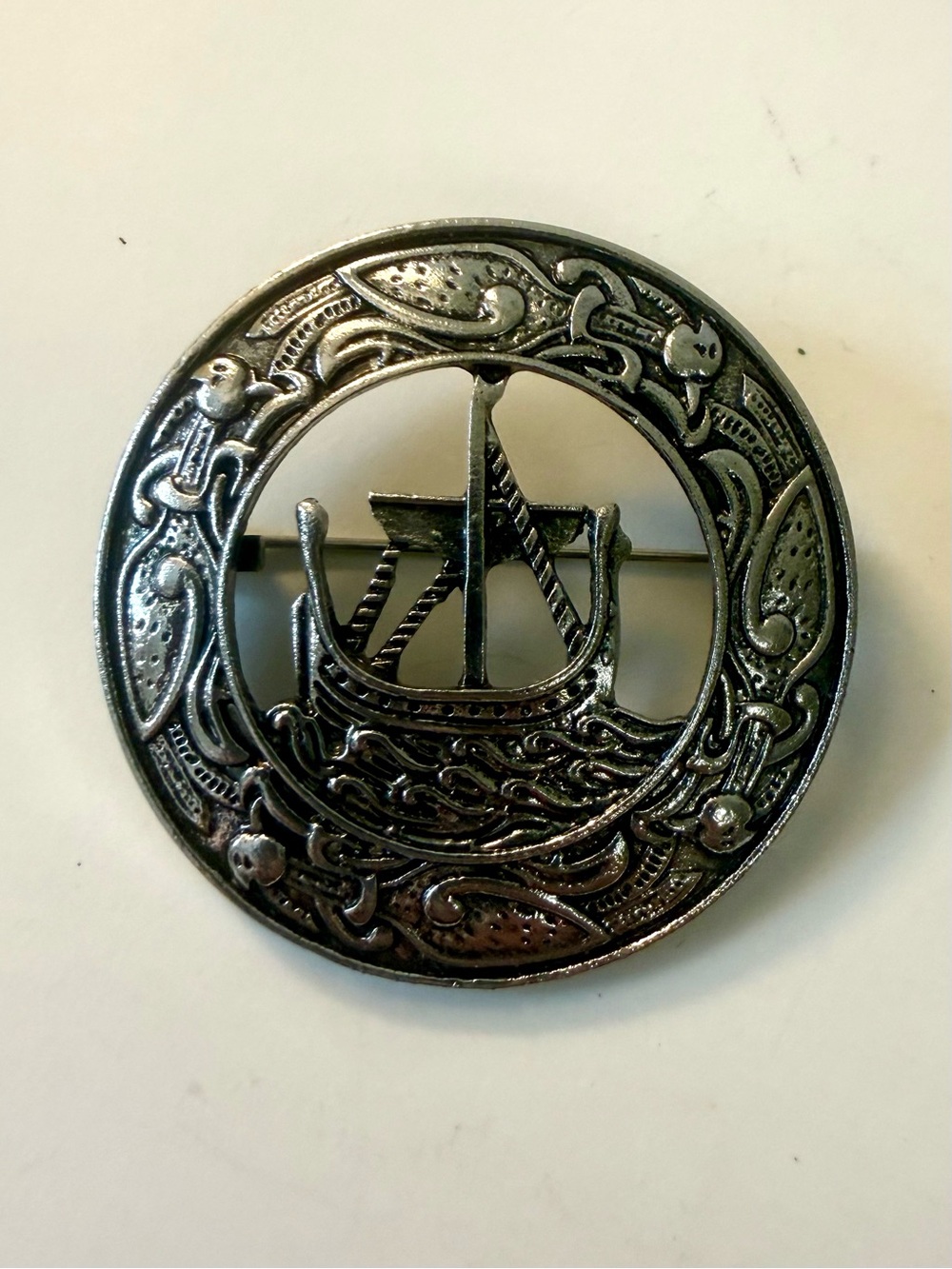 Antique-Style Round Viking Ship Brooch